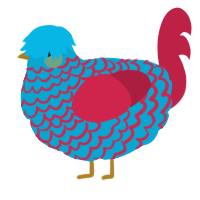 A cerulean and crimson chicken with a lace pattern