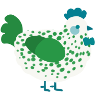 A white and viridian chicken with a speckle pattern