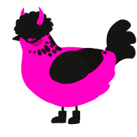 Spoon, a fuchsia and black chicken with a neck-speckle pattern