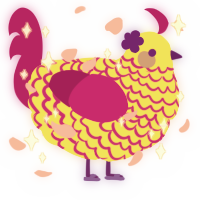 A yellow and fuchsia chicken with a lace pattern
