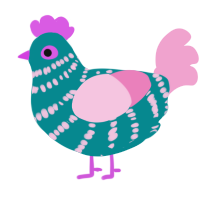 A teal and pink chicken with a bar pattern