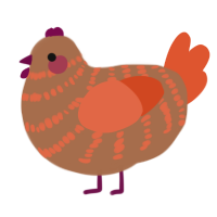 Ribeye Steak, a brown and vermilion chicken with a bar pattern
