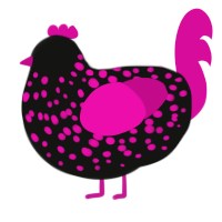 A black and fuchsia chicken with a speckle pattern