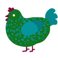 A leaf and teal chicken with a speckle pattern