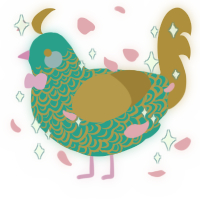 monet, a turquoise and gold chicken with a double-lace pattern