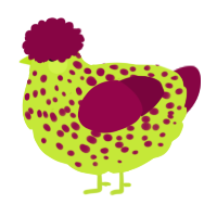 A lime and maroon chicken with a speckle pattern