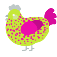 Chick Pea, a lime and fuchsia chicken with a speckle pattern