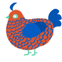 A vermilion and ultramarine chicken with a lace pattern