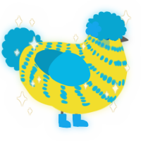 A yellow and cerulean chicken with a bar pattern