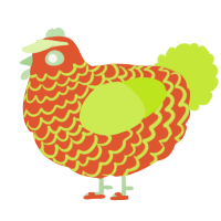 A vermilion and lime chicken with a lace pattern