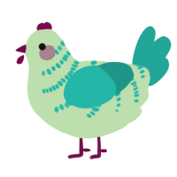 A gluppy and turquoise chicken with a half-bar pattern