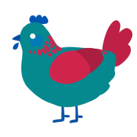 A teal and crimson chicken with a neck-speckle pattern