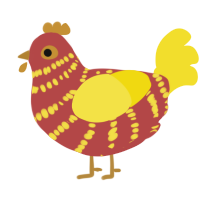 A red and yellow chicken with a bar pattern