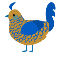 A gold and ultramarine chicken with a lace pattern