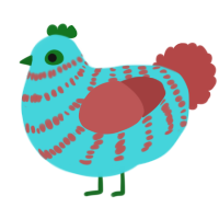 A aqua and red chicken with a bar pattern
