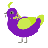 EGGPLANT, a violet and lime chicken with a neck-speckle pattern