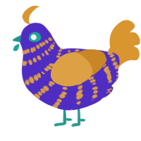 A indigo and orange chicken with a bar pattern