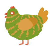 A chartreuse and orange chicken with a bar pattern