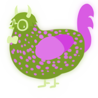 Charchid, a chartreuse and orchid chicken with a speckle pattern