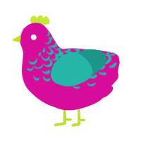 A fuchsia and turquoise chicken with a half-lace pattern