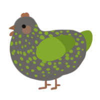A grey and chartreuse chicken with a speckle pattern