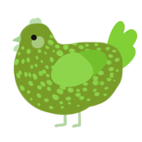 A chartreuse and grass chicken with a speckle pattern