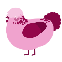 A pink and maroon chicken with a neck-speckle pattern