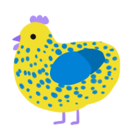 Oswald, a yellow and sapphire chicken with a speckle pattern