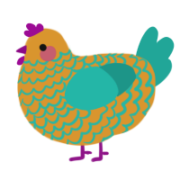 A orange and turquoise chicken with a lace pattern
