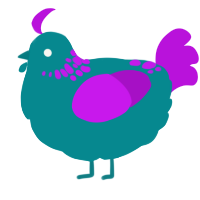 A teal and amethyst chicken with a neck-speckle pattern