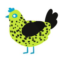 A lime and black chicken with a speckle pattern
