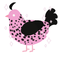 A pink and black chicken with a speckle pattern