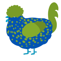 A ultramarine and chartreuse chicken with a speckle pattern