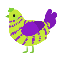 A lime and violet chicken with a bar pattern