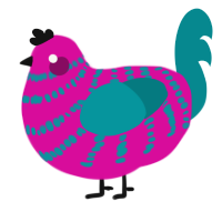 Yvan, a fuchsia and teal chicken with a bar pattern