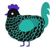 A black and turquoise chicken with a lace pattern