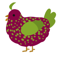 A maroon and chartreuse chicken with a speckle pattern