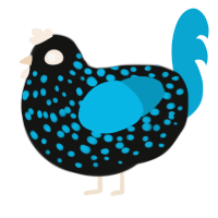 A black and cerulean chicken with a speckle pattern