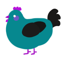 Fleck, a teal and sable chicken with a speckle pattern