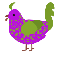 A amethyst and chartreuse chicken with a speckle pattern