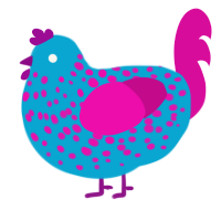 A cerulean and fuchsia chicken with a speckle pattern