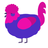 A indigo and fuchsia chicken with a head pattern