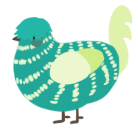A turquoise and apple chicken with a bar pattern