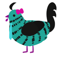 Mikudayo, a turquoise and black chicken with a bar pattern