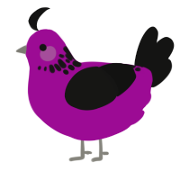 spots 1, a plum and black chicken with a neck-speckle pattern