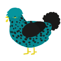 Door Stopper, a teal and sable chicken with a speckle pattern