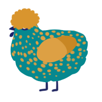 A teal and orange chicken with a speckle pattern