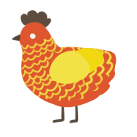 A vermilion and yellow chicken with a lace pattern