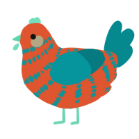 Olsen, a vermilion and teal chicken with a bar pattern