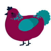 A maroon and teal chicken with a neck-speckle pattern